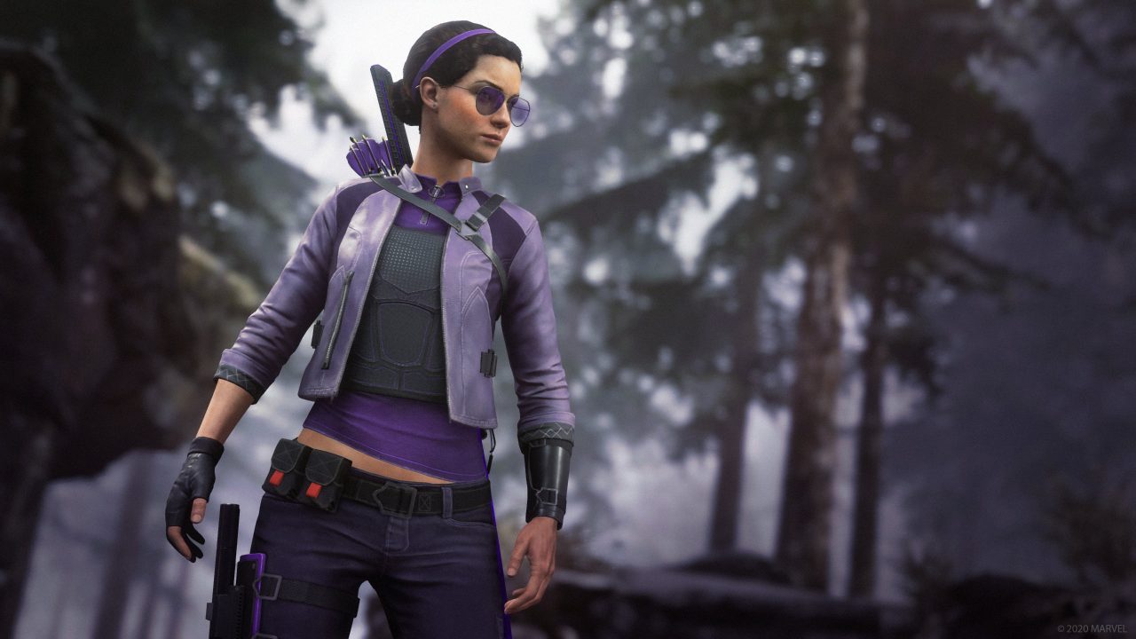 Taking A.I.M. screenshot featuring Kate Bishop enters the scene in a purple outfit and glasses!