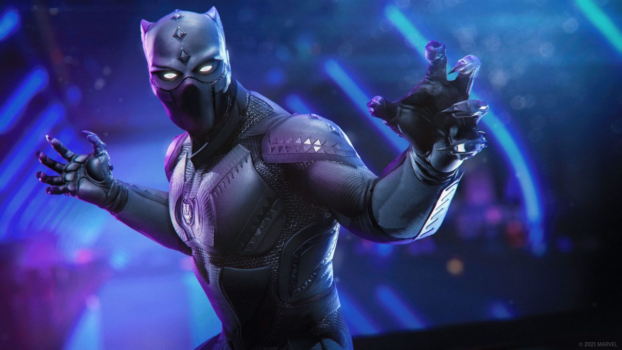 Marvels Avengers Black Panther flexing his shoulders, claws out.