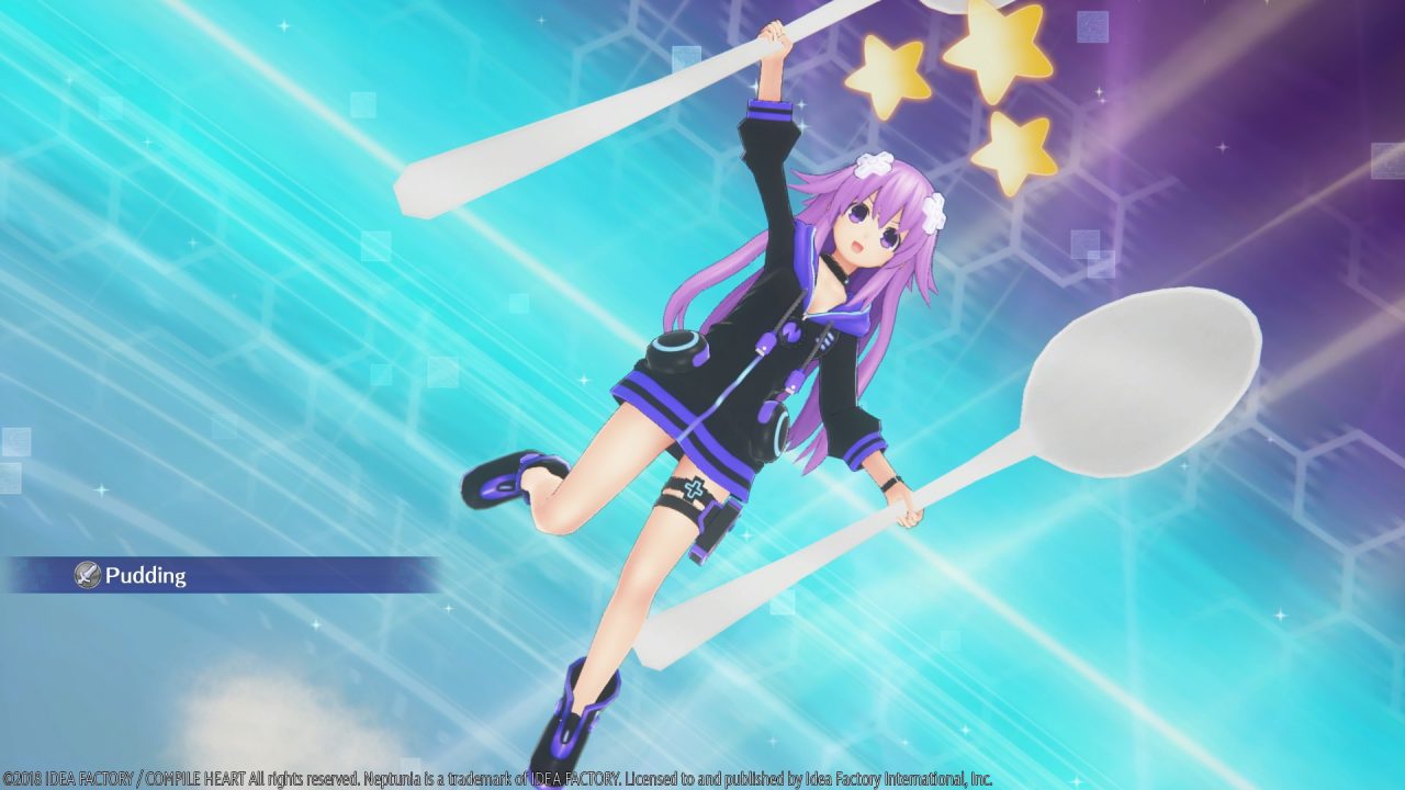"Pudding" is selected from a menu on the left and a purple-haired young lady wields two giant spoons with stars and a colorful background.