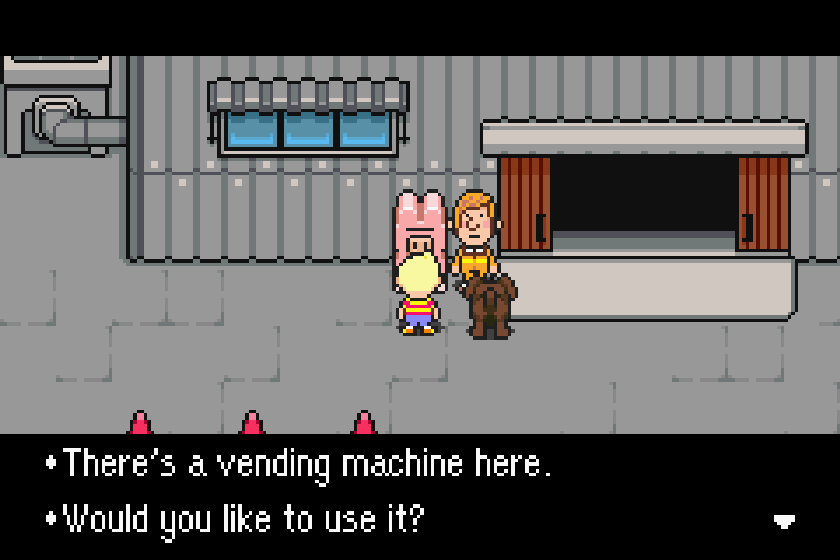 Lucas stands in front of a vending machine with a pig-like appearance; everything else is grey. Text asks "There's a vending machine here. Would you like to use it?"