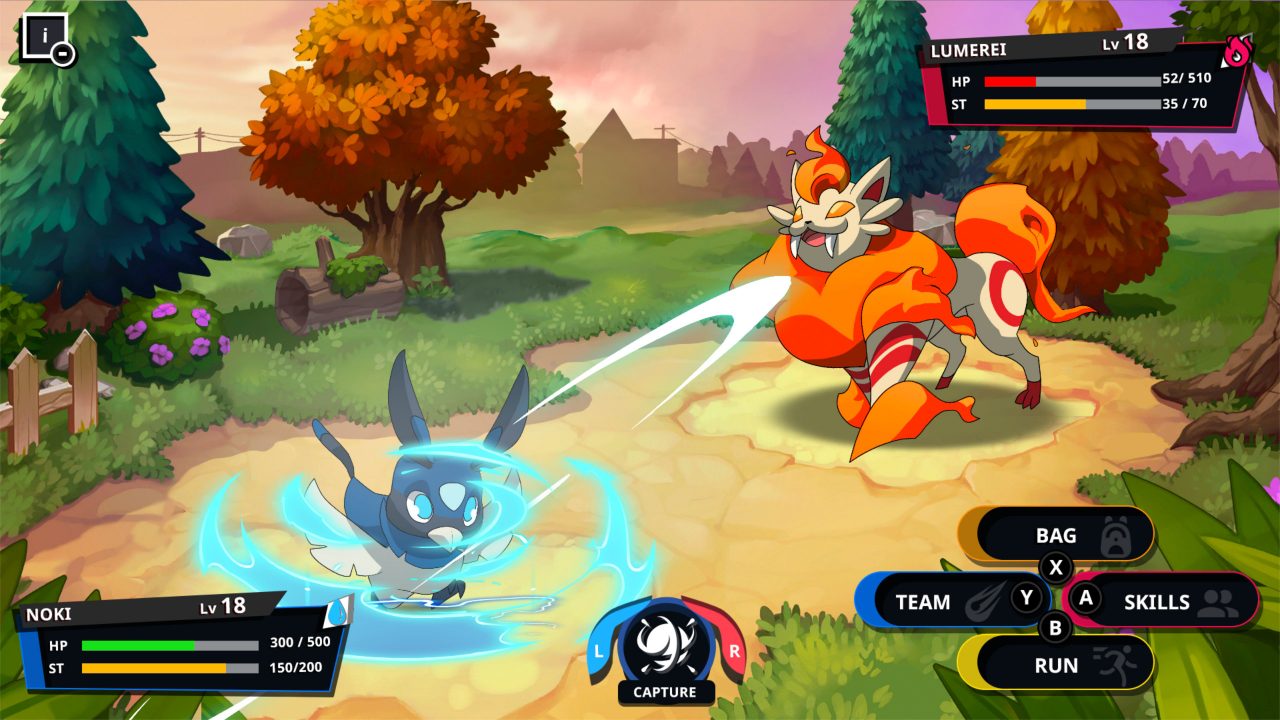 A battle between very different elemental types; a blue energy spiral in the lower left surrounding a birdlike creature, with a fluffy red cat creature in the upper right.
