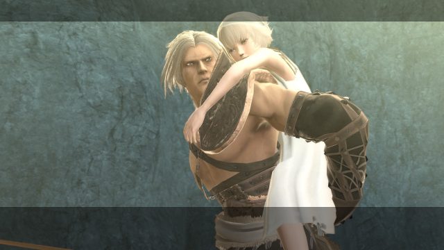A grizzled, white-haired man wearing patchwork pelts and leather armor, carrying his young daughter in his back.