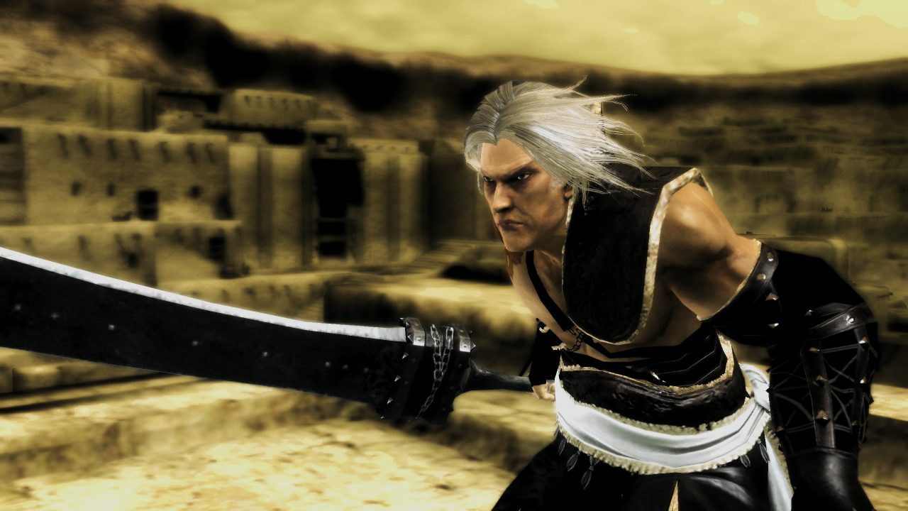 A grizzled, white-haired man wearing patchwork pelts and leather armor, wielding a giant metal sword.