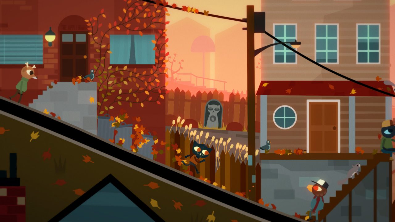 Mae running downhill through the town at dusk in Night in the Woods