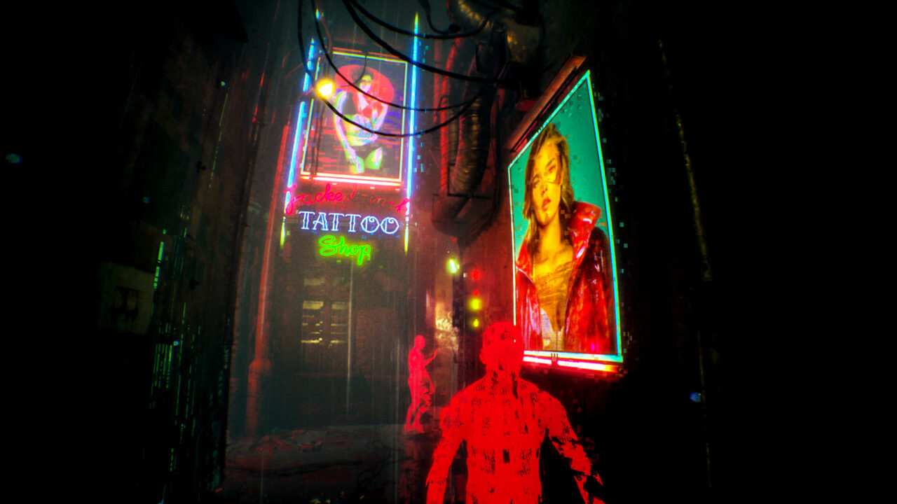 Red see-through mesh characters walking through a seedy city in Observer: System Redux