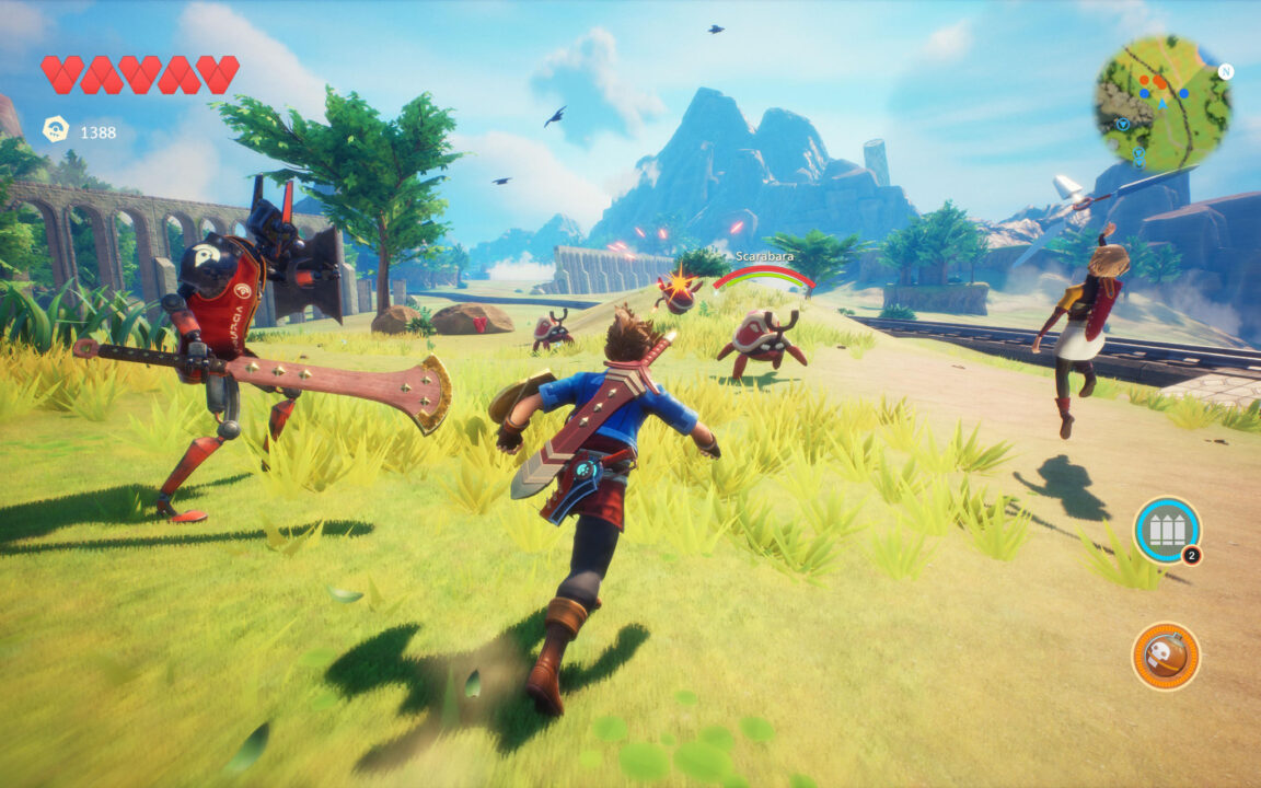 The player character exploring a grassy field with a mountainous backdrop in Oceanhorn 2.