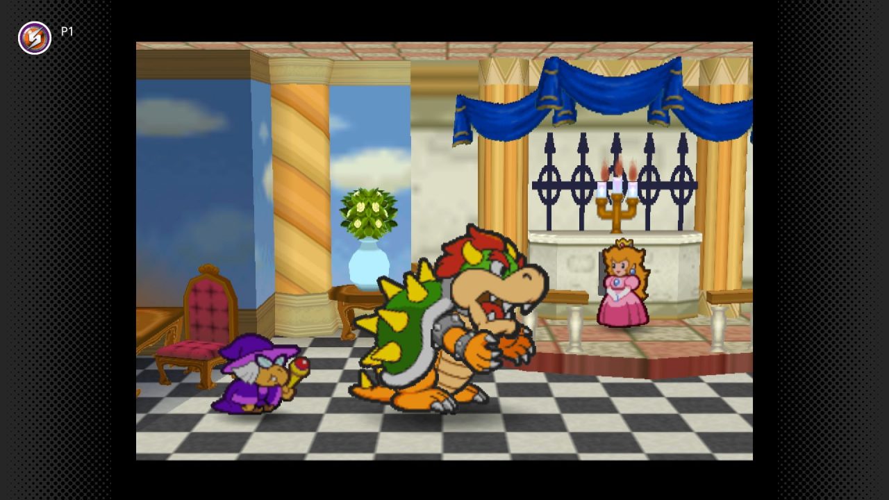 Paper Mario screenshot of Bowser talking to Princess Peach in an elegant castle room.