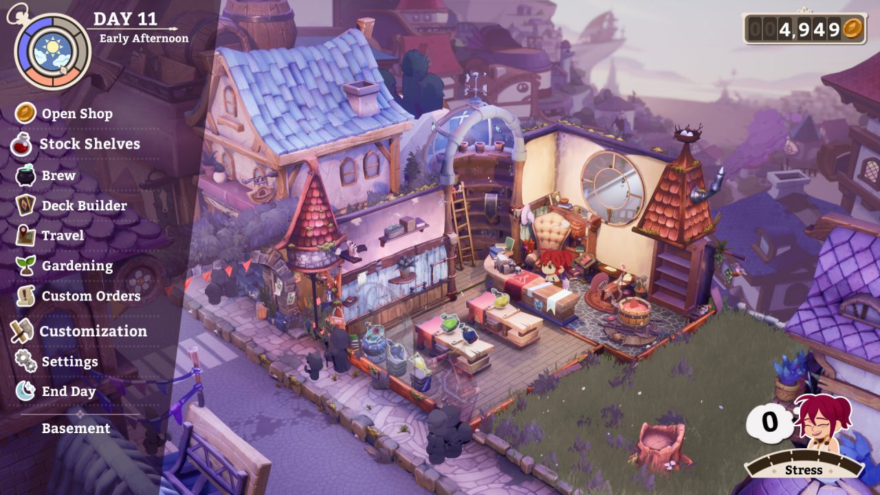 Potionomics screenshot of a cutaway isometric view of a cartoon-style potion shop in a medieval-style village.