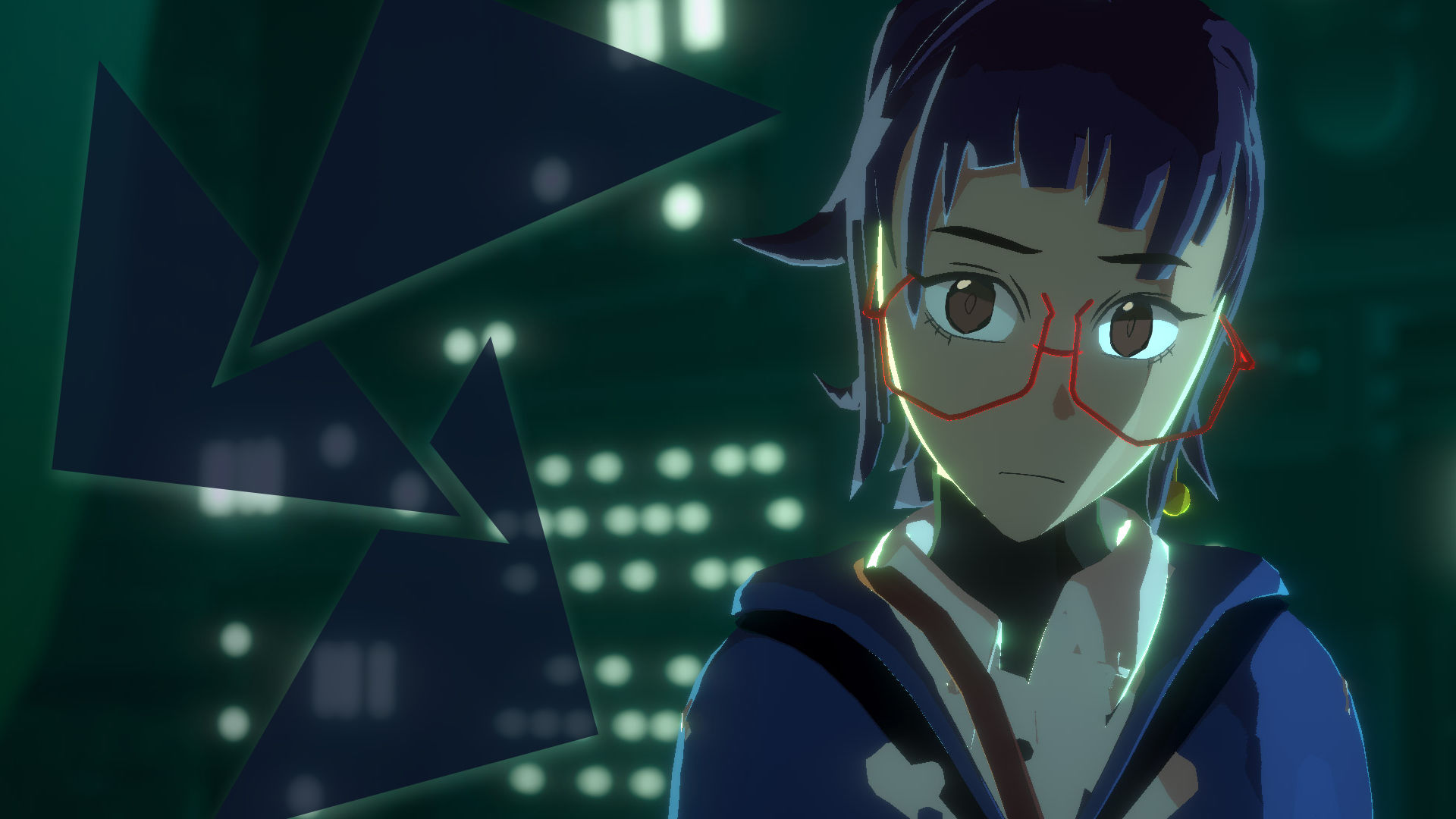 Woman with deep purple hair and red-rimmed glasses looking at the viewer with an out of focus field of hazy green lights as a backdrop