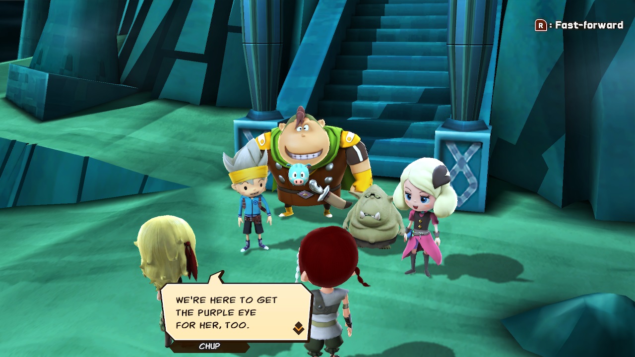 A young man in a viking helmet, burly man, small goblin, and elegant girl stand in front of stairs leading to a dungeon, looking on at two newcomers who say they are there for the same reason.