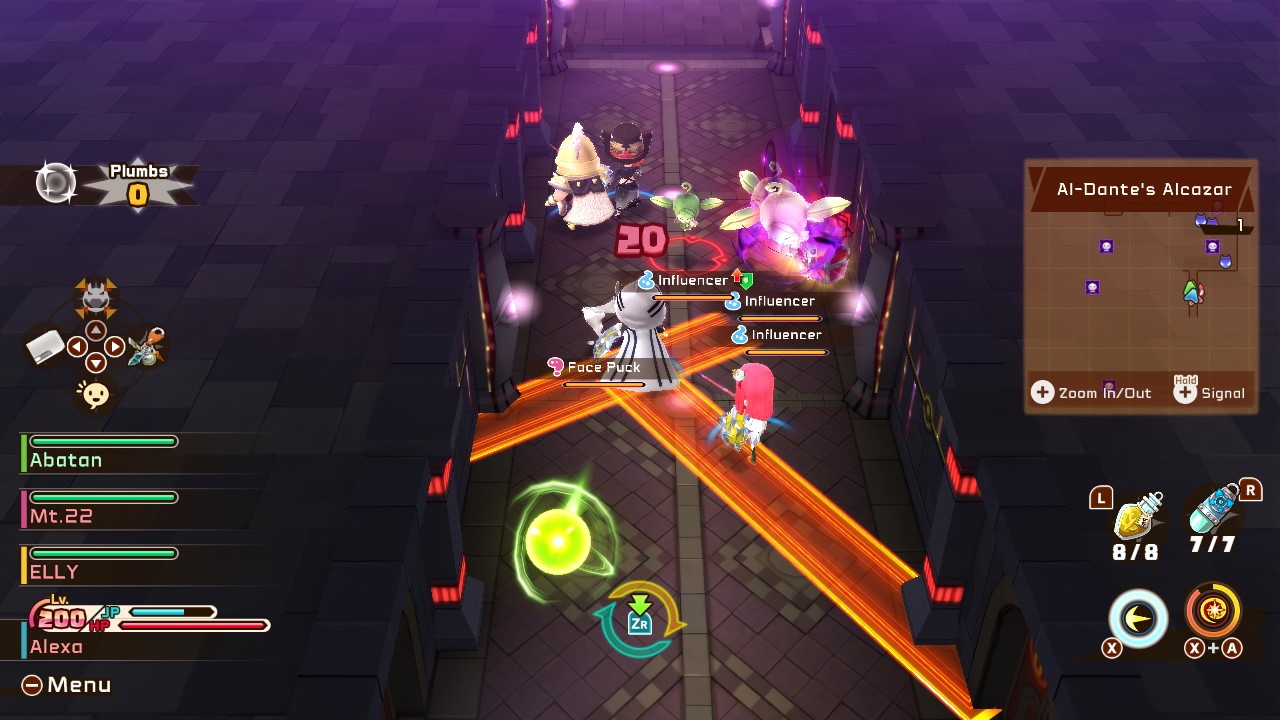 Snack World: The Dungeon Crawl screenshot of combat in a close corridor with Snacks showing a red glowing path of attack.