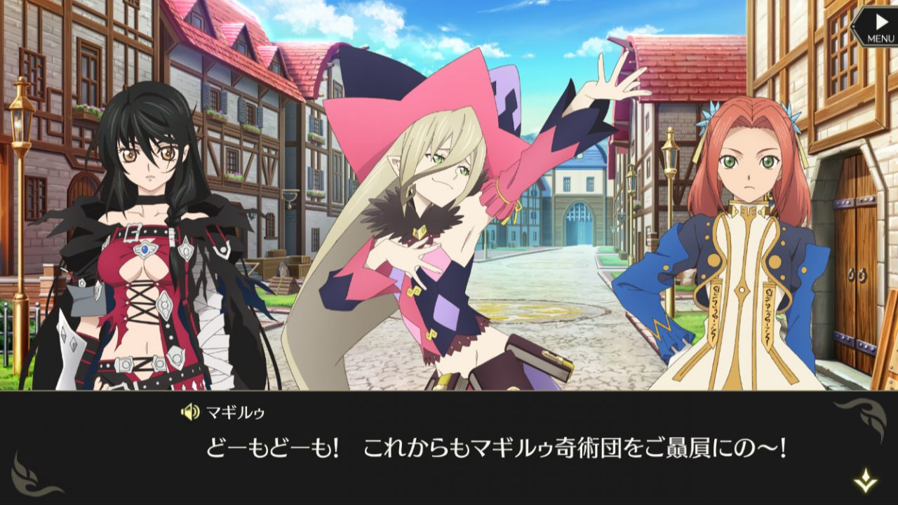 Velvet, Magilou and Eleanor from Tales of Berseria catch up in Tales of Crestoria.