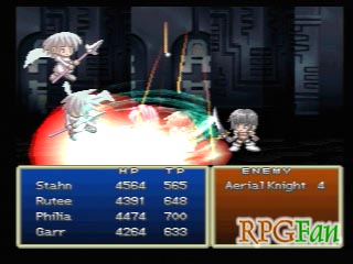 A character casts a spell in battle in Tales of Destiny