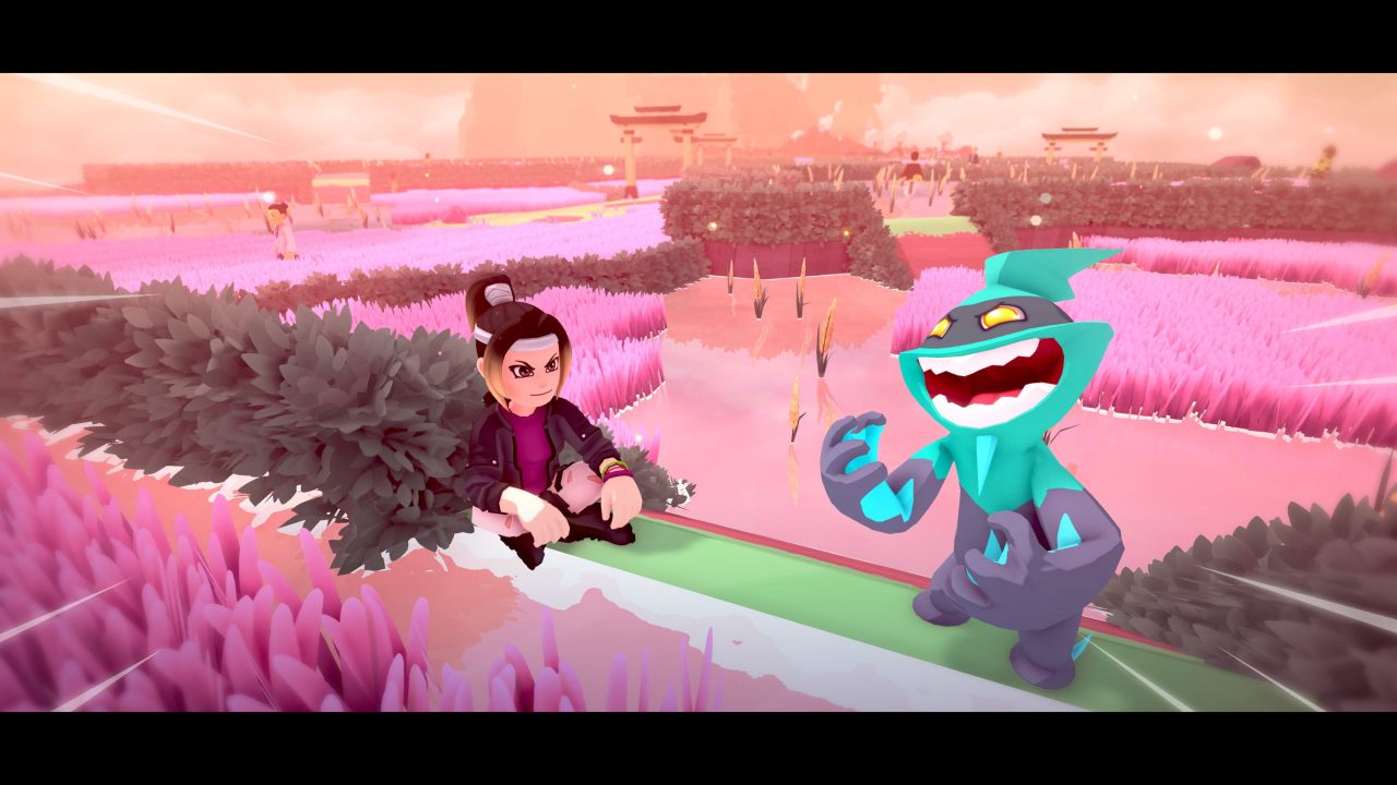 Temtem screenshot of a female character sitting next to a laughing monster against a bright pink grassy field.