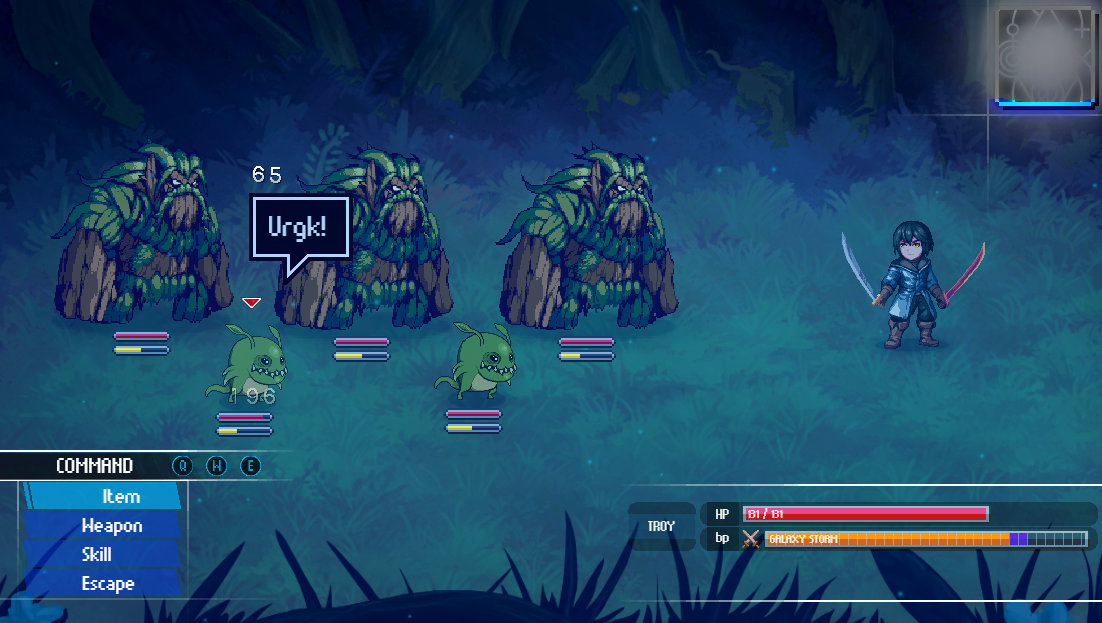 Troy wields two swords--one blue and one red--in front of a group of tree and bug enemies while one of the green bug enemies says "Urgh!"