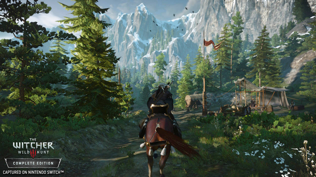 The Witcher 3: Wild Hunt screenshot of Geralt riding a horse through a forest in the mountains.