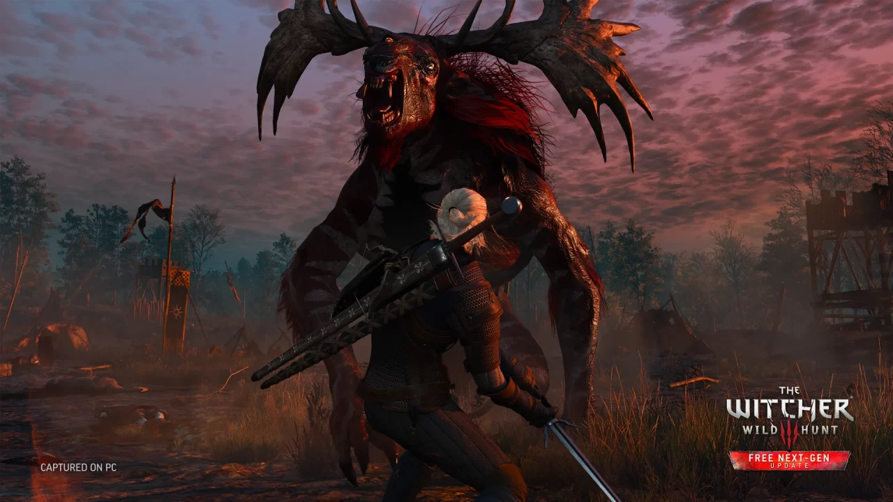 Screenshot from The Witcher 3 Wild Hunt Complete Edition depicting Geralt fighting a large beast