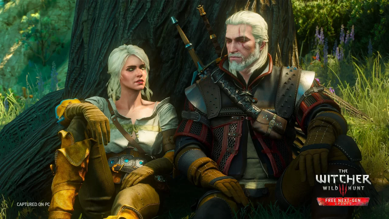 Screenshot from The Witcher 3 Wild Hunt Complete Edition, depicting Geralt and Ciri sitting by a tree
