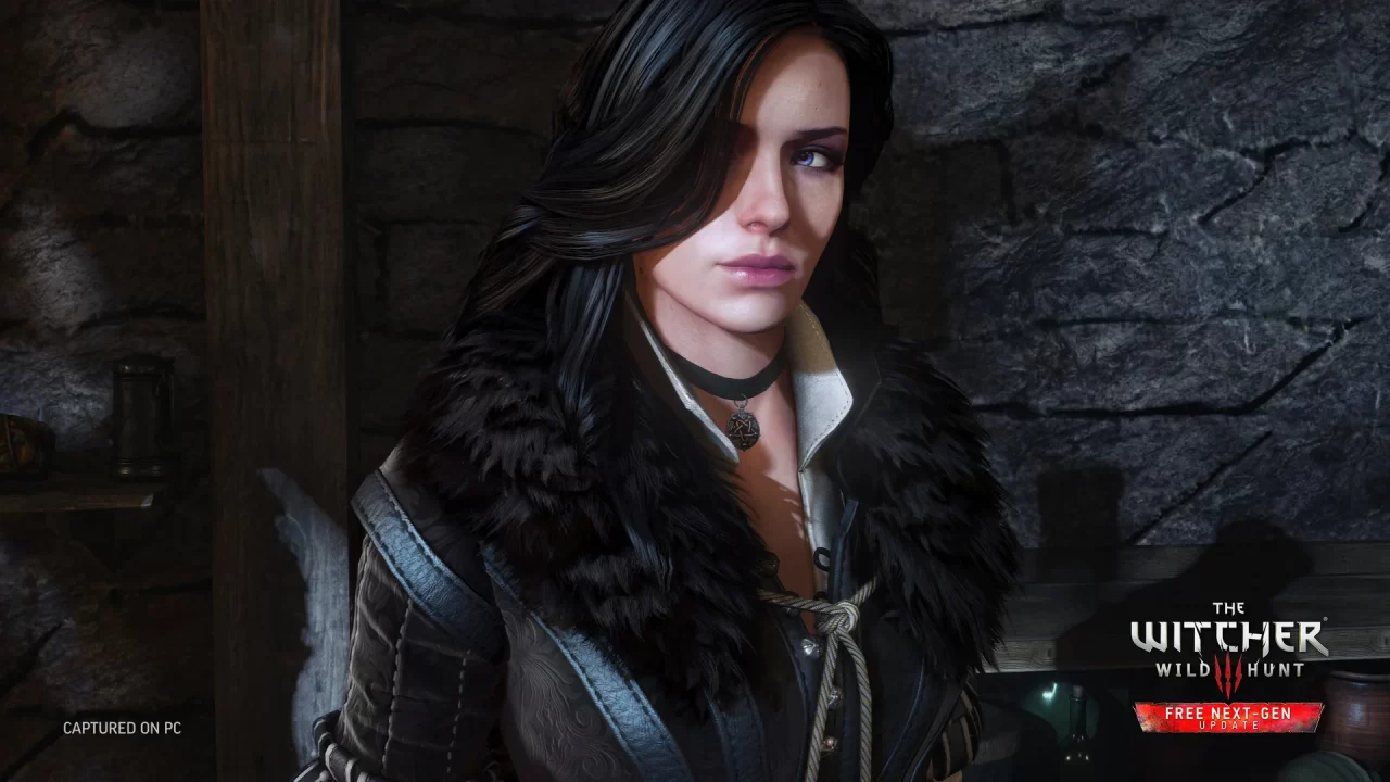Screenshot from The Witcher 3 Wild Hunt Complete Edition, depicting Yennefer, her face half hidden by her dark hair.