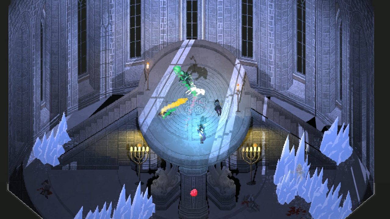 Unsouled screenshot of figures doing battle on a raised platform in a stone tower, lit by candles and surrounded by jagged ice spikes along the floor.