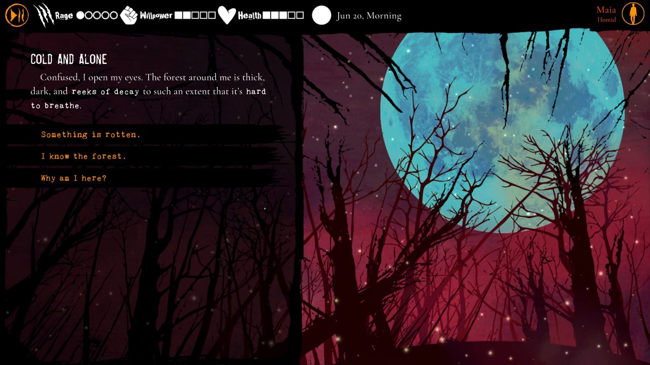 A choice screen with Maia reacting to being in the forest, with a large, round full moon in the background and reaction options.