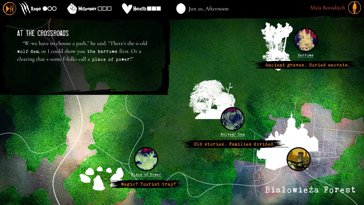 World map screen with four locations and descriptive text for the current objective.