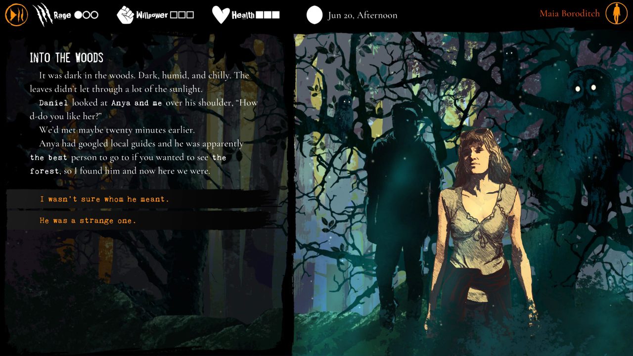 The protagonist stands in front of a gnarled tree and text appears on the left side of the screen in Werewolf: The Apocalyse - Heart of the Forest.