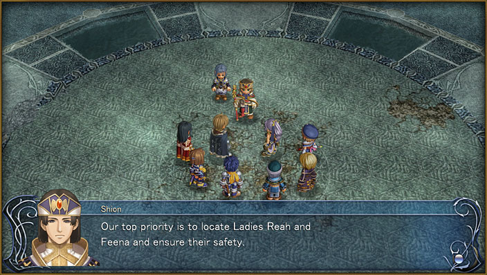 A screenshot from Ys Origin of a party of people gathered while a man gives orders