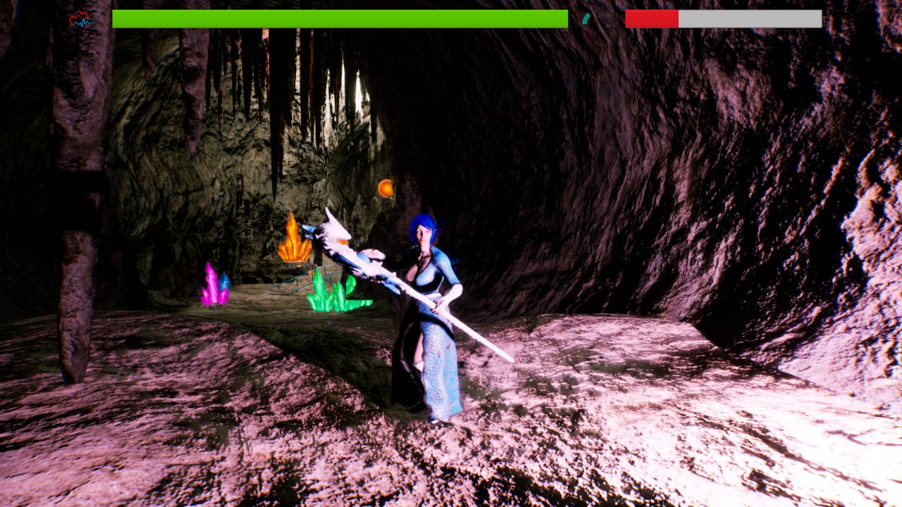A blue--haired wizard lady in a blue dress holds her staff in a guard position in front of a crystal cave.