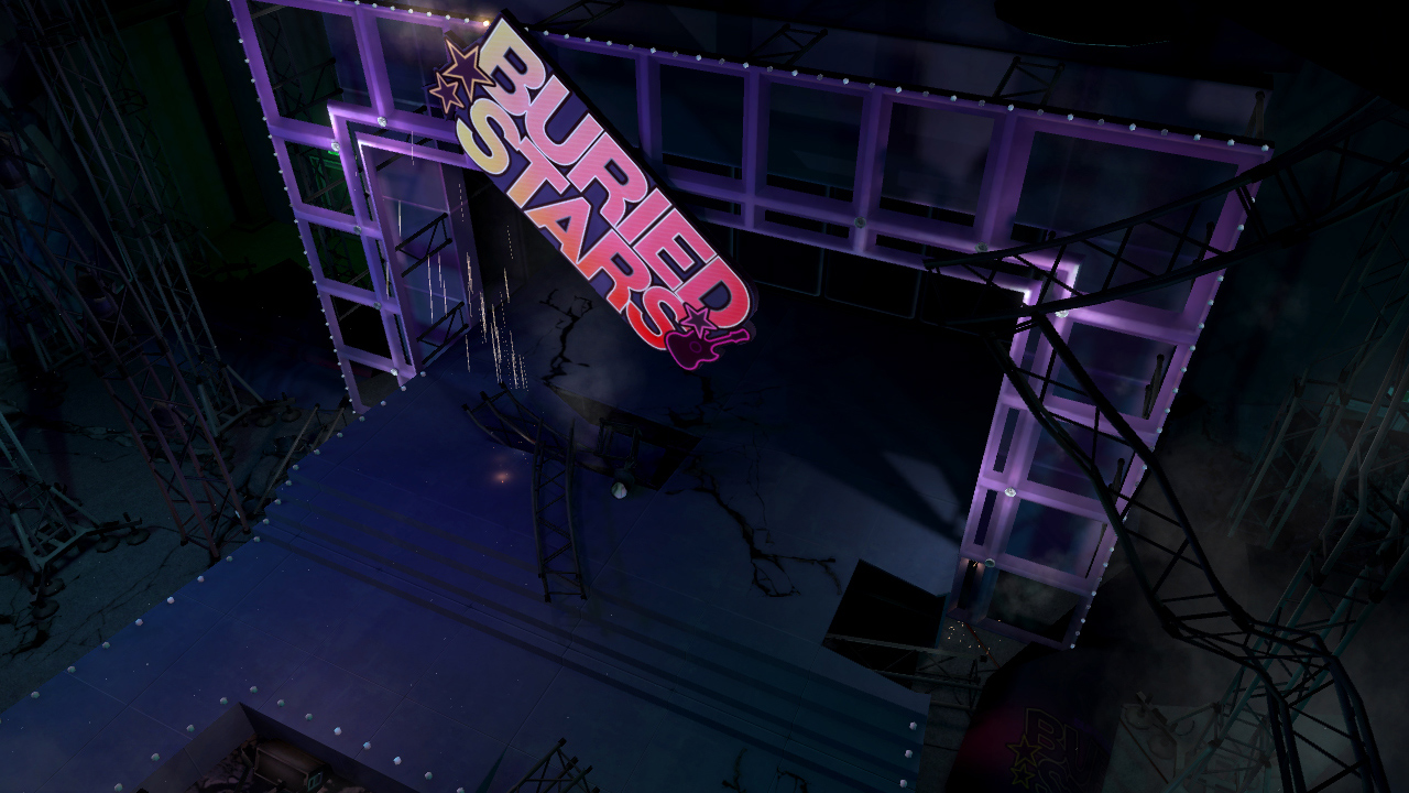 A stage with a "BURIED STARS" sign that has fallen on the right side down toward center stage.