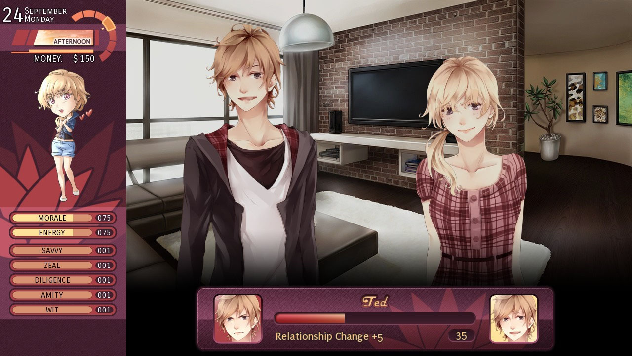 Two people stand in a common room with a TV and table behind them, a young man with brown hair in a black sweater to the left and a blonde girl in plaid on the right. A dialoge box in front states "relationship change +5" 