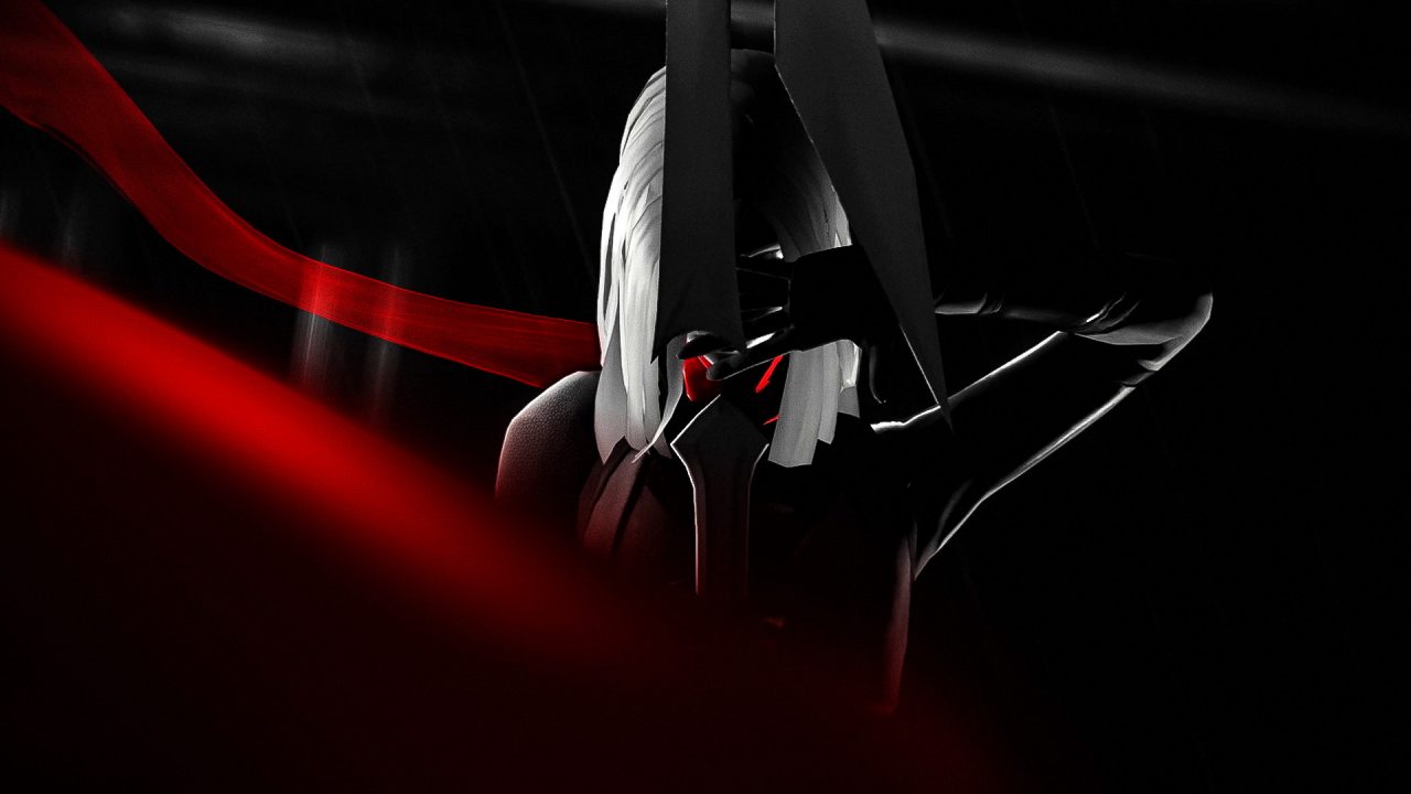 An imposing figure with white hair is mostly in shadow against a red and black background. The outline of their arm drawing a sword is just visible.An imposing figure with white hair is mostly in shadow against a red and black background. The outline of their arm drawing a sword is just visible.