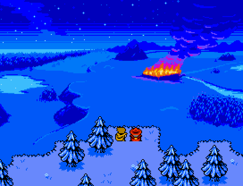 8-Bit Adventures 2 screenshot with two characters standing on a wintery cliffside watching a city burn in the distance.