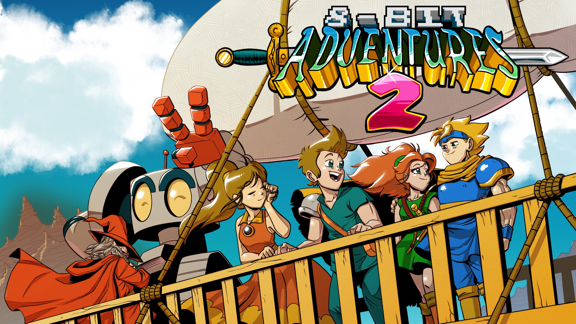 A screenshot of artwork depicting the main characters of 8-Bit-Adventures-2 which includes two young woman, a young man, and a bulky robot with yellow eyes doing a peace sign.