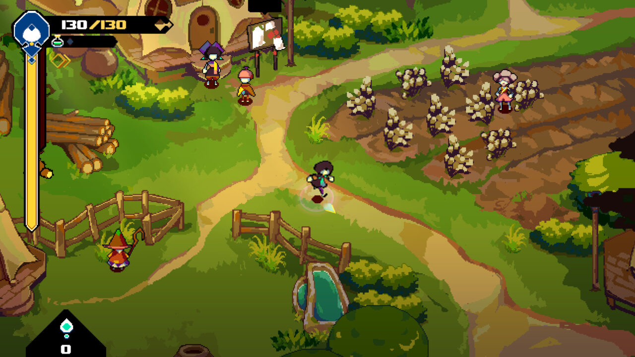The Bellwielder is running through their settlement on a path, with wheat to their left and a gate open to a field on their right.  