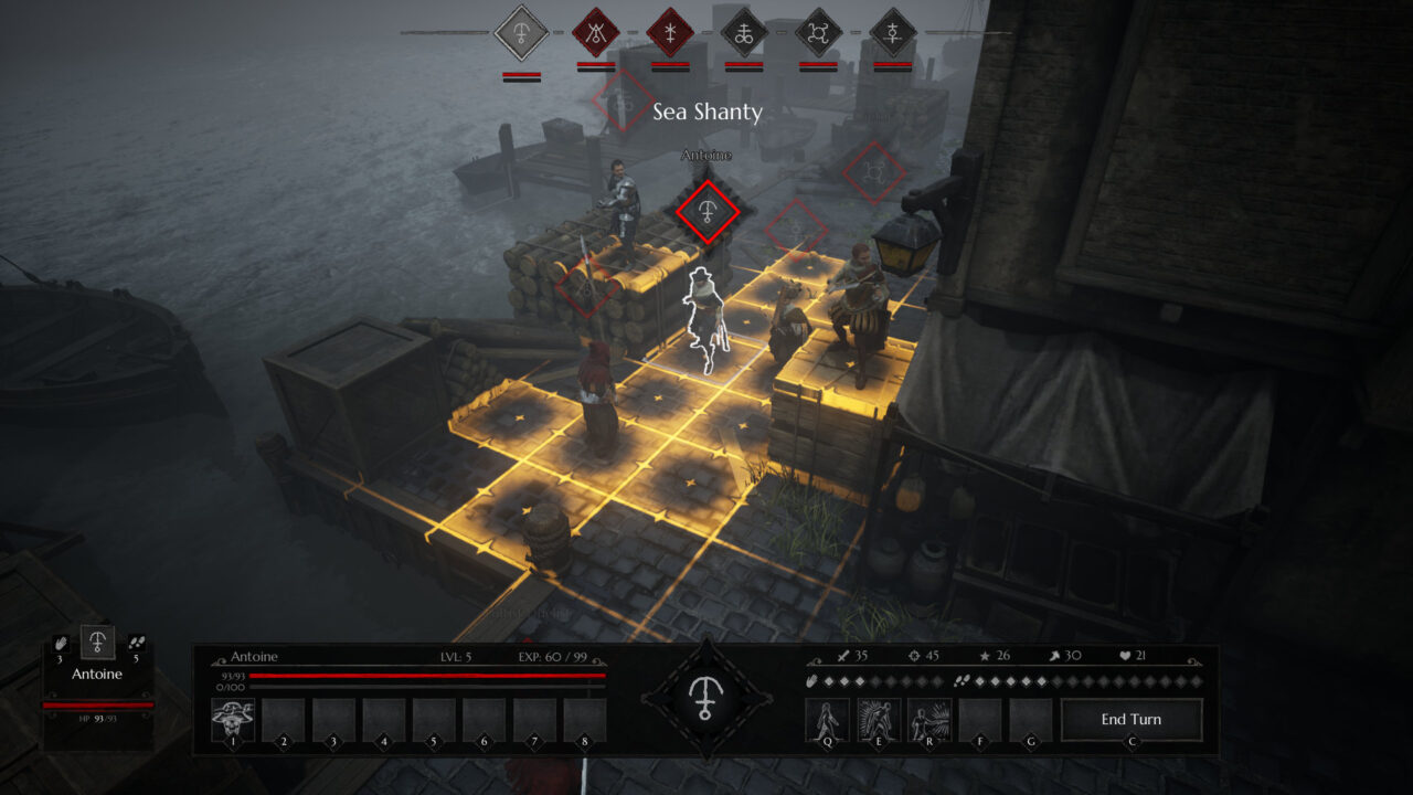 Black Legend Screenshot displaying grid-based combat in a foggy city.