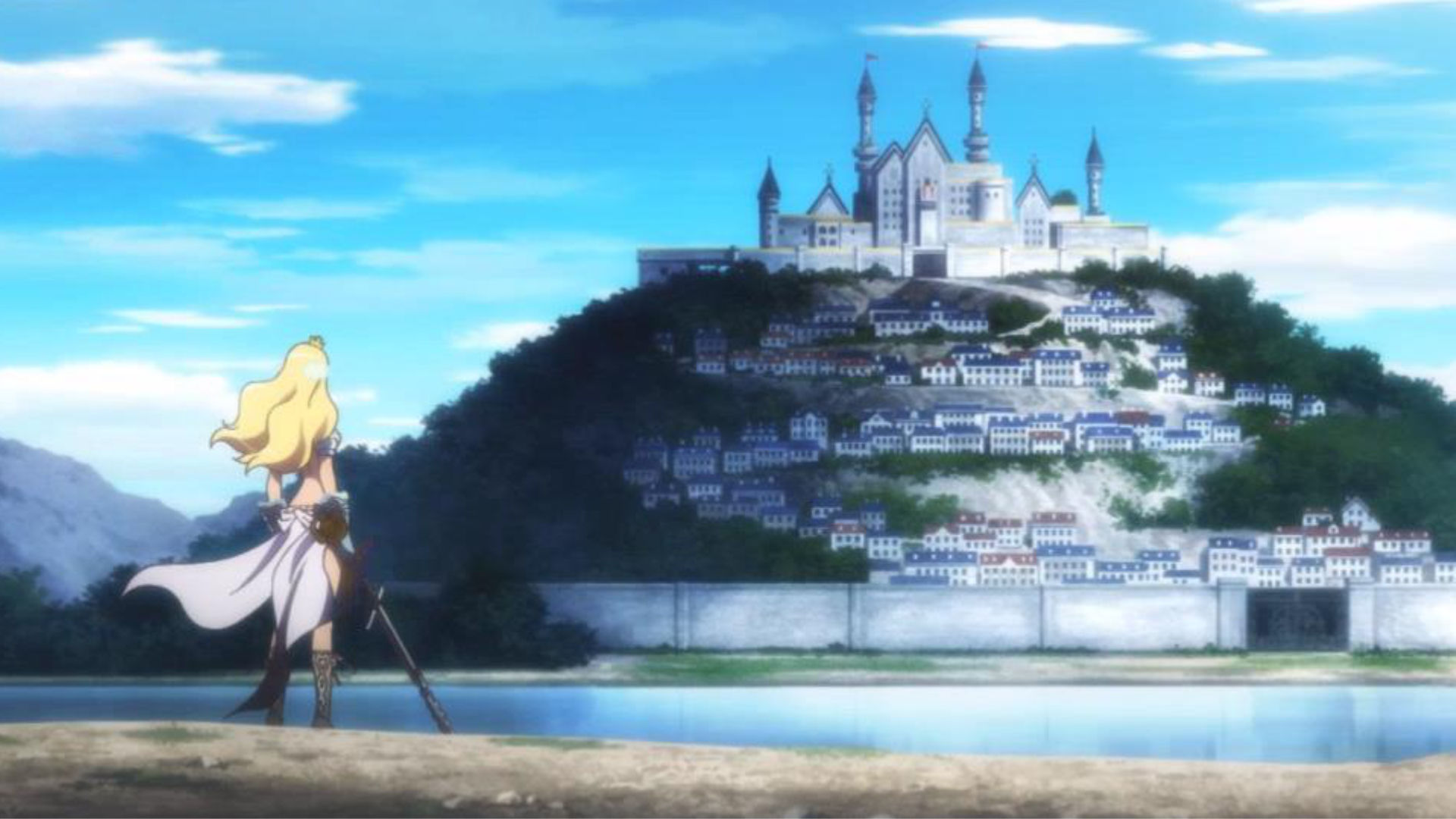 Blonde princess with a sword looks to a castle and town on a hill in the distance, from across a river