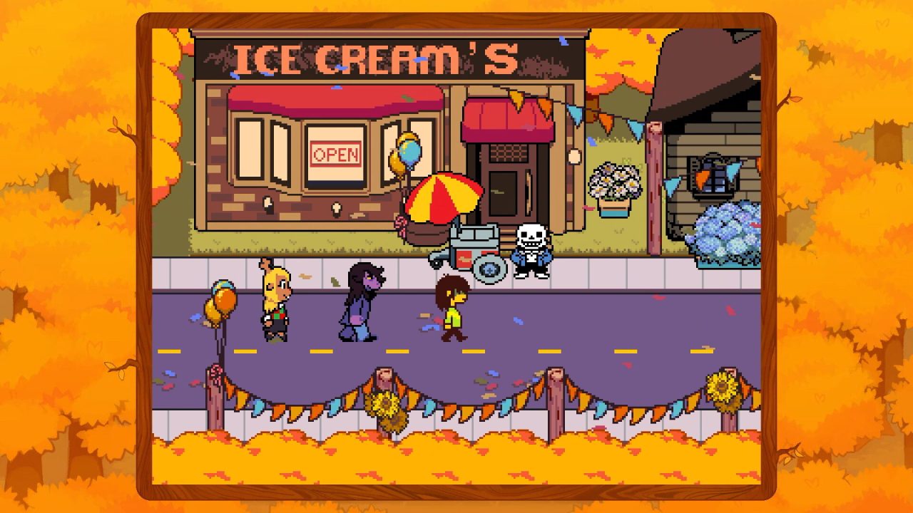 Deltarune Chapter 5 screenshot of the party walking by a place called Ice Cream's.