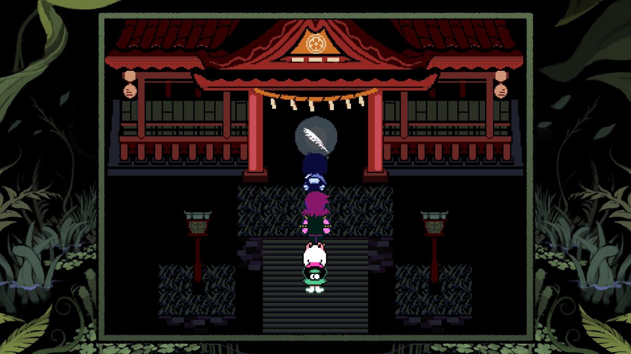 Deltarune screenshot of the party finding a glowing feather in an Eastern-style temple.