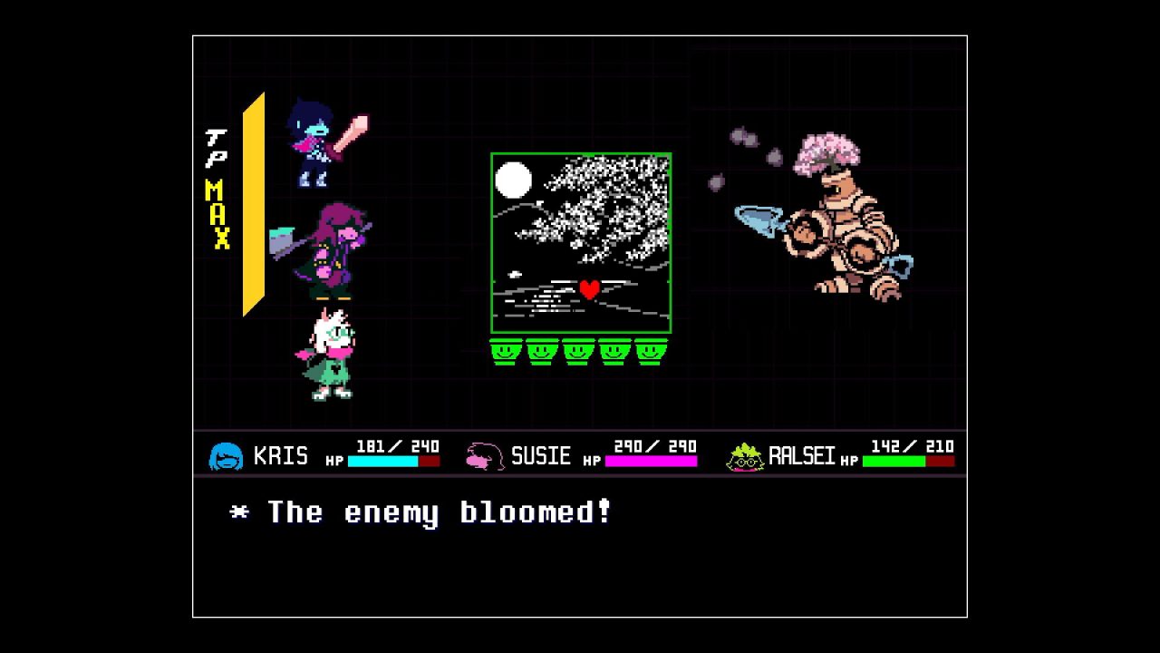 A battle in Deltarune against a knight made of plant pots.