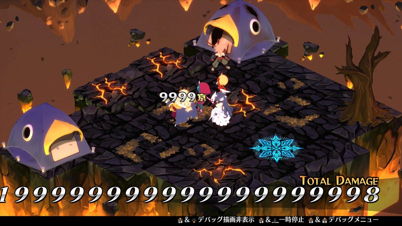 Disgaea 6: Defiance of Destiny screenshot of an isometric battle with insanely-high damage numbers appearing on screen.