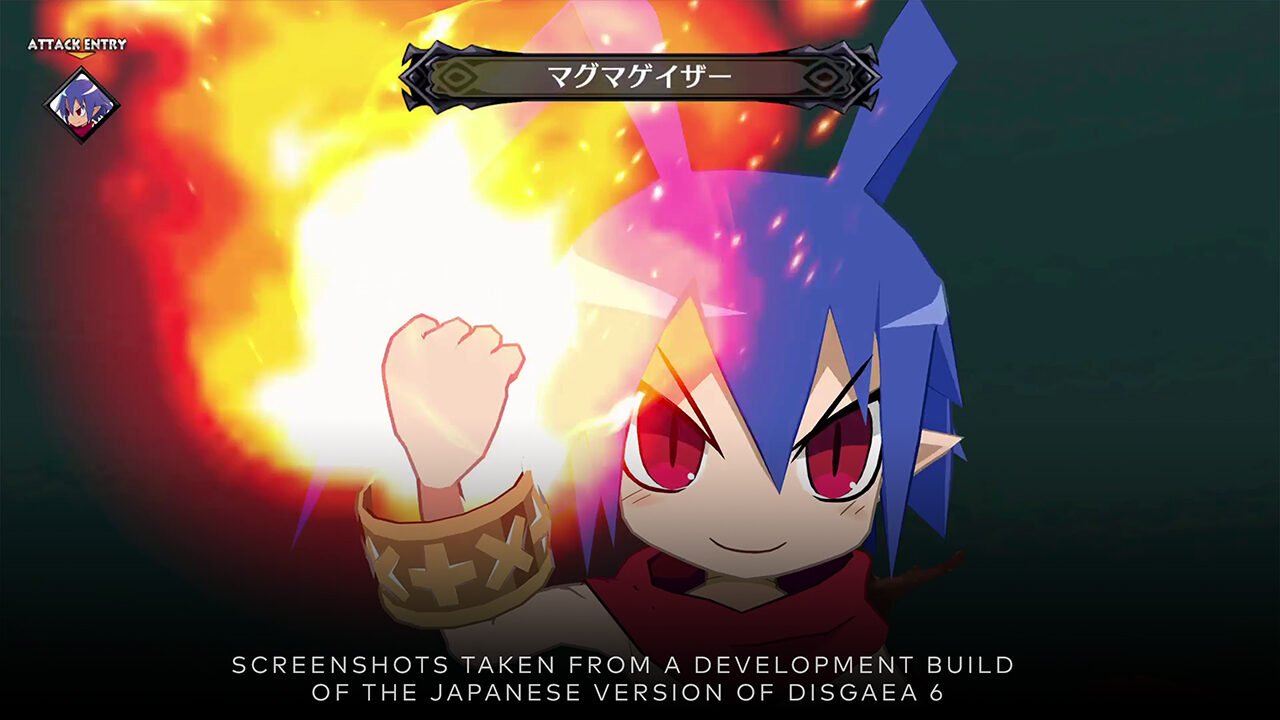 A character with blue hair holds up a fist with fire