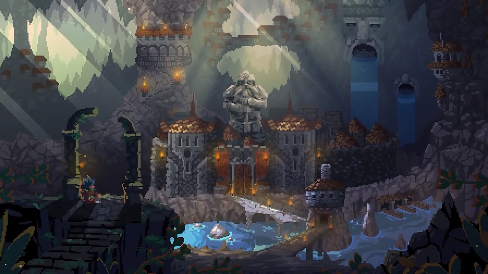 Looking out at a vast underground city.