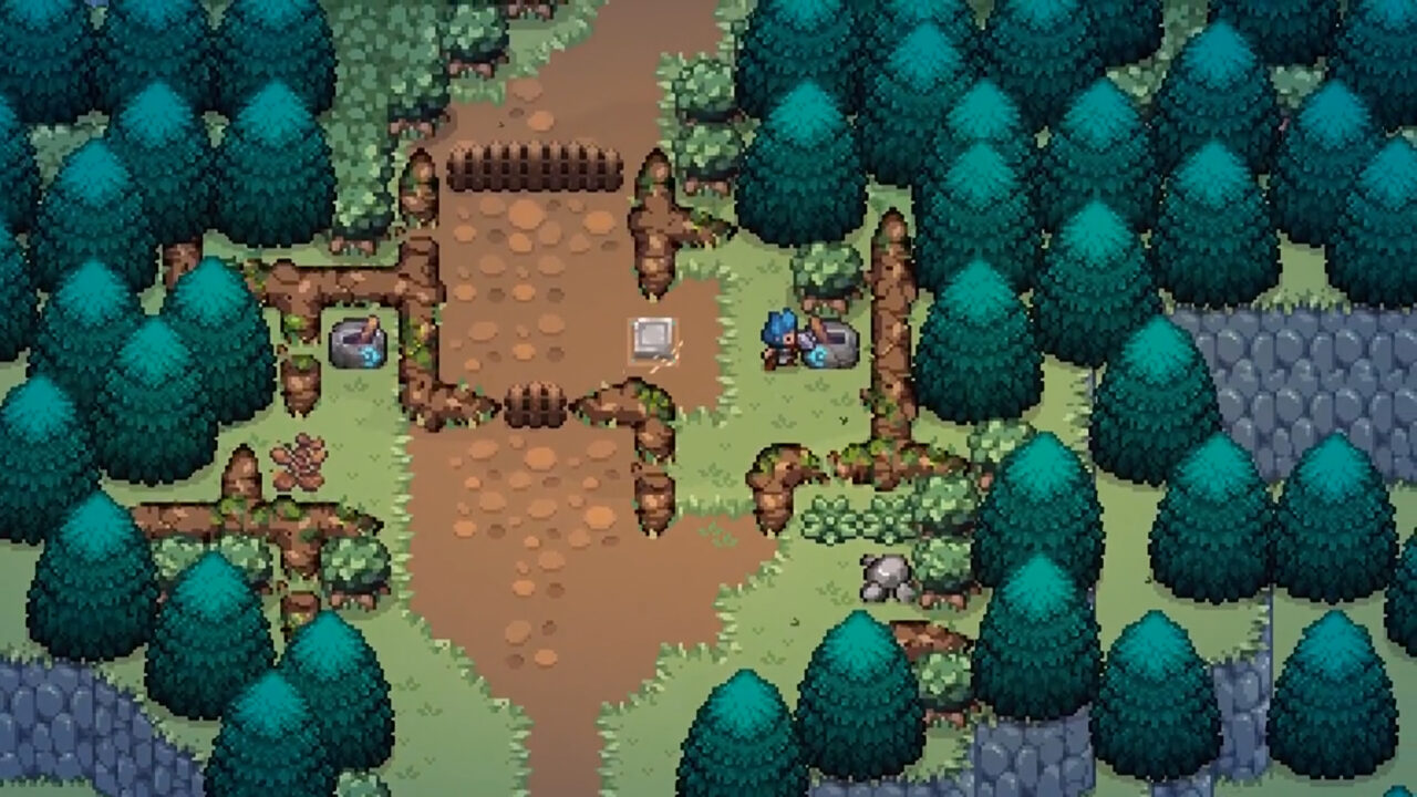 Pixel graphic overworld, with a blue haired dwarf examining a switch.