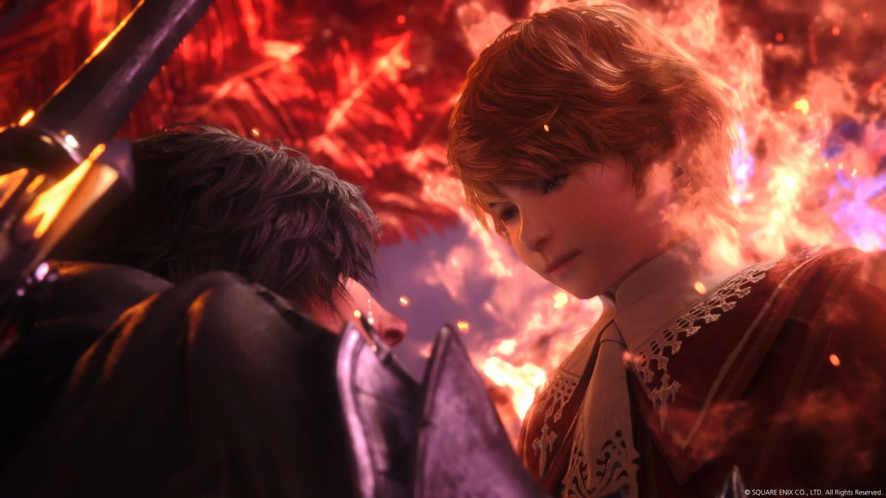 A screenshot of a dark haired man looking up at a young child in Final Fantasy XVI