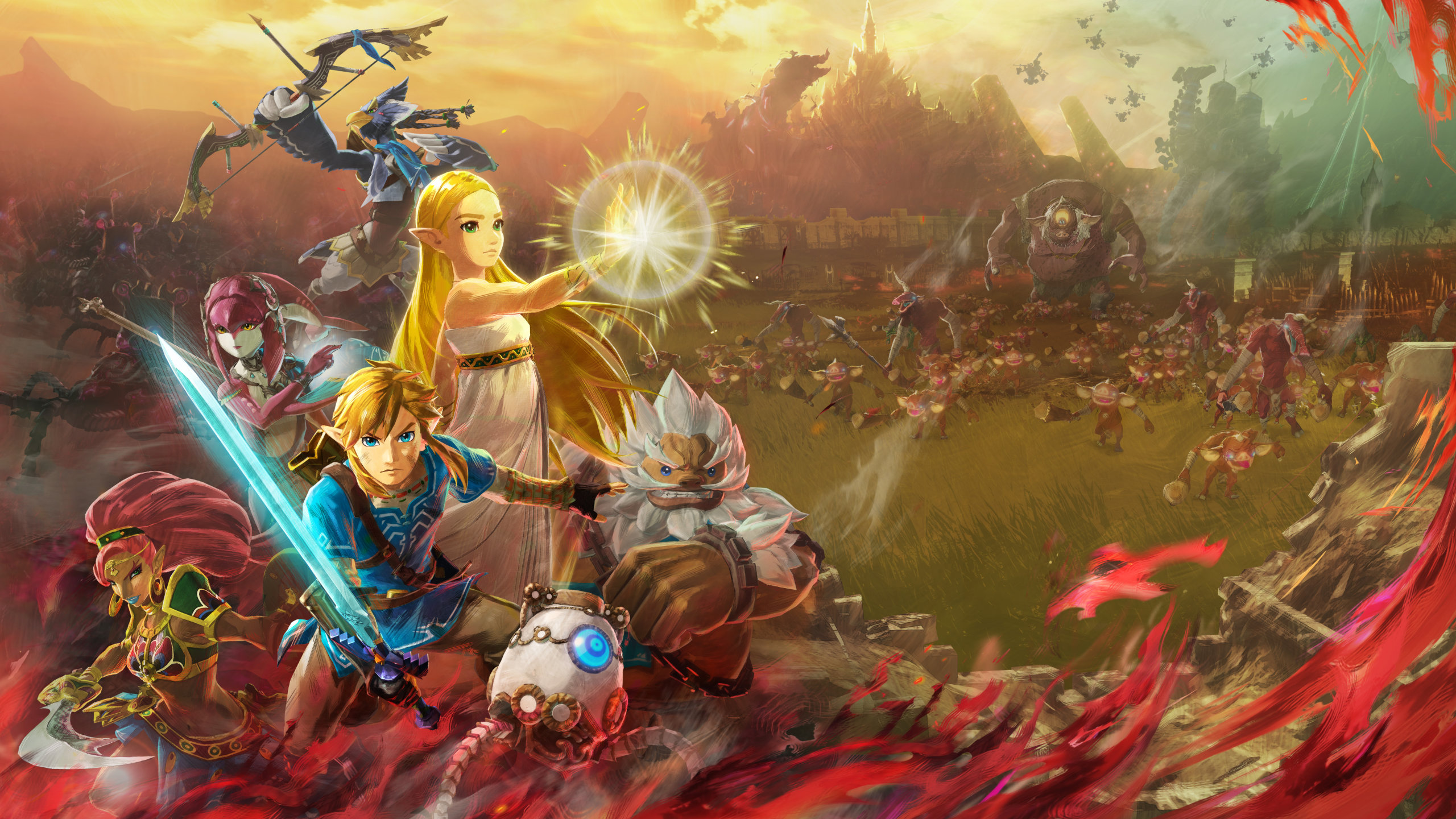 Hyrule Warriors: Age of Calamity cast in front of a battlefield full of monsters