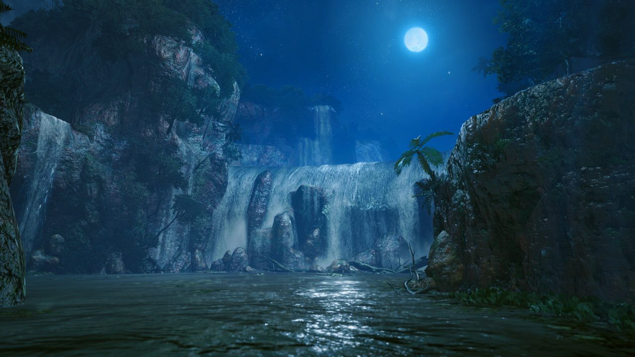 A moonlit viewing of a waterfall in Monster Hunter Rise.