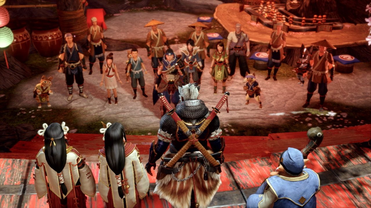 Characters gather in Monster Hunter Rise's story.