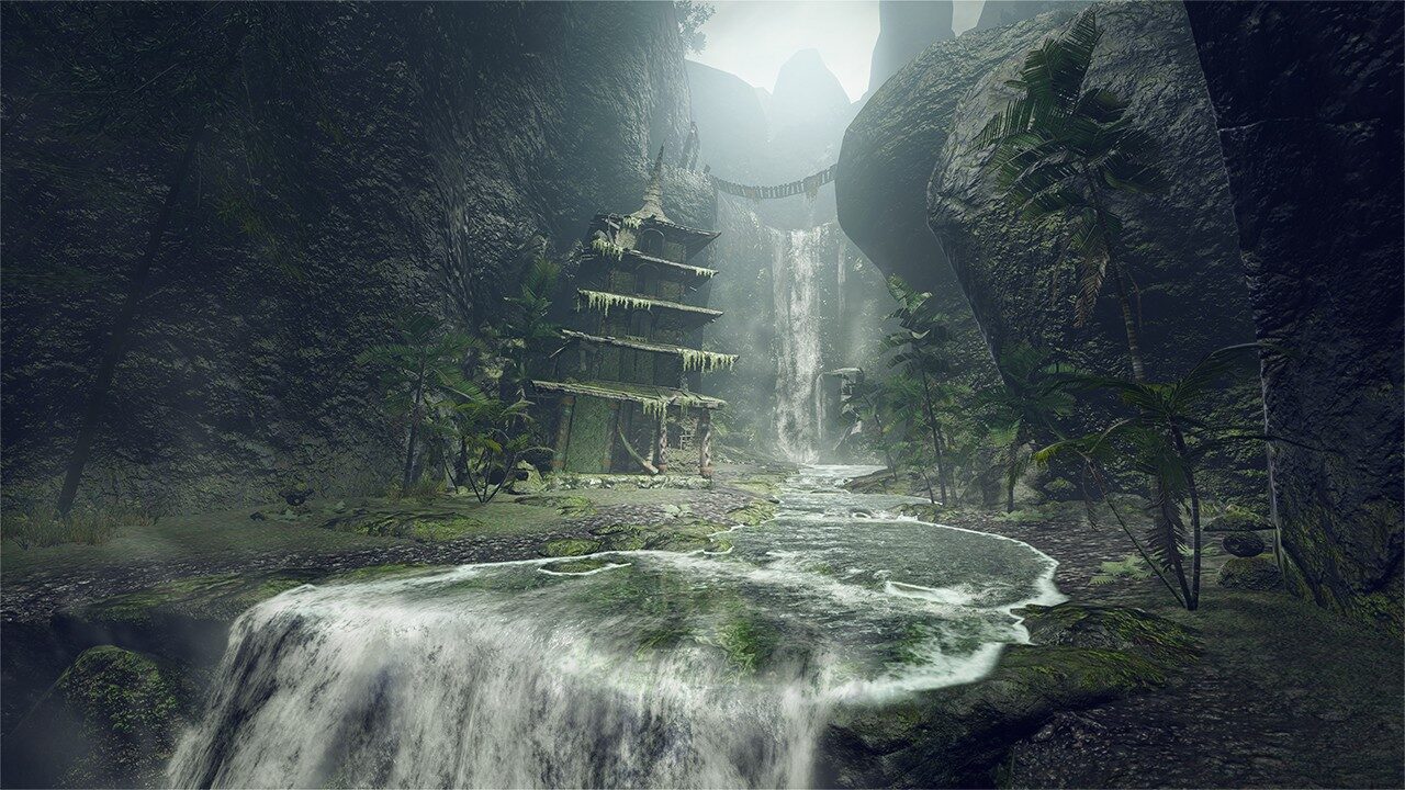 A screenshot of a location from Monster Hunter Rise. Moss clings to a derelict pagoda beside a river and falls cutting through a forested gorge.