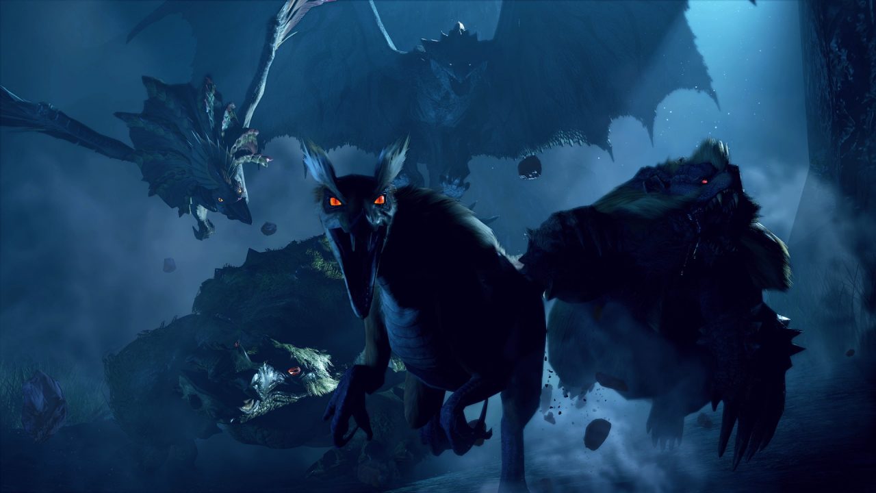 A screenshot of several large monsters from Monster Hunter Rise.